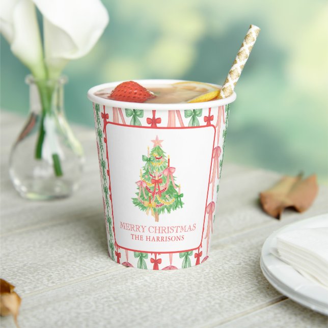 Gobelets En Papier Aquarelle Coquette Bow Christmas Tree (Insitu)