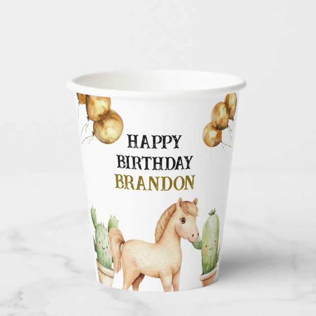 Gobelets En Papier Aquarelle Cute Cowboy 1er Rodéo Anniversaire (Recto)