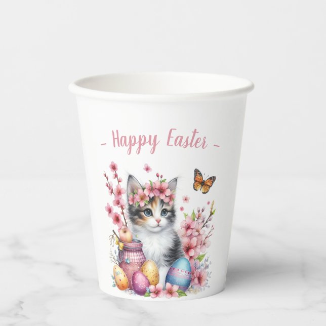 Gobelets En Papier Aquarelle de Pâques Kitten Oeufs et fleurs (Recto)
