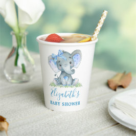 Gobelets En Papier Aquarelle Elephant Baby shower bleu Bow
