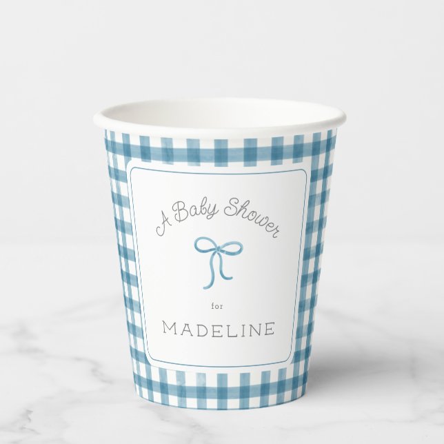 Gobelets En Papier Aquarelle En vichy Baby shower bleu Denim (Recto)