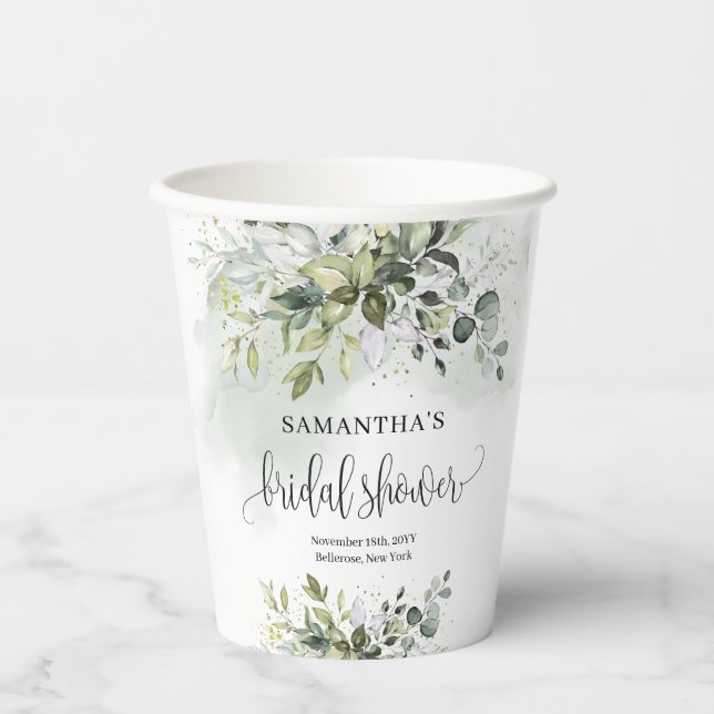 Gobelets En Papier Aquarelle eucalyptus verdure or nuptiale douche (Recto)