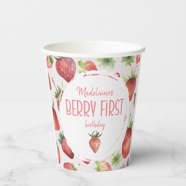 Gobelets En Papier Aquarelle fraise 1er Berry Premier anniversaire (Verso)