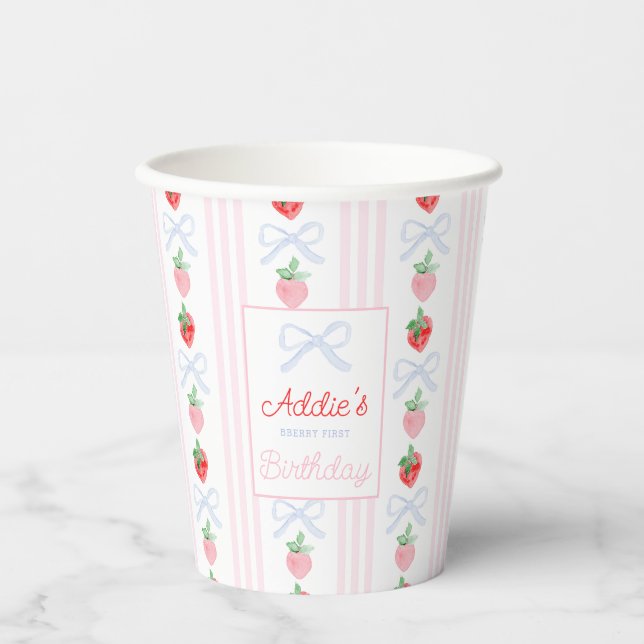 Gobelets En Papier Aquarelle fraises baies premier anniversaire (Recto)