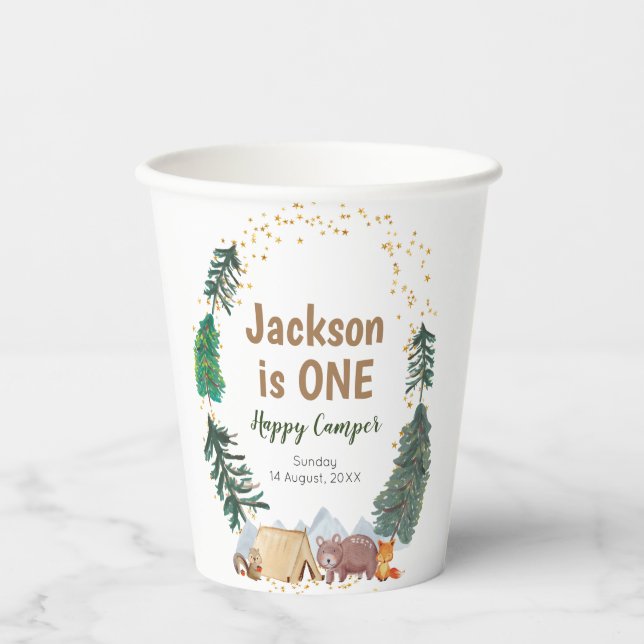 Gobelets En Papier Aquarelle Happy Camper 1er Coupes de papier d'anni (Recto)