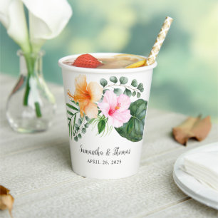 Gobelets En Papier Aquarelle Hibiscus tropicaux et feuillage