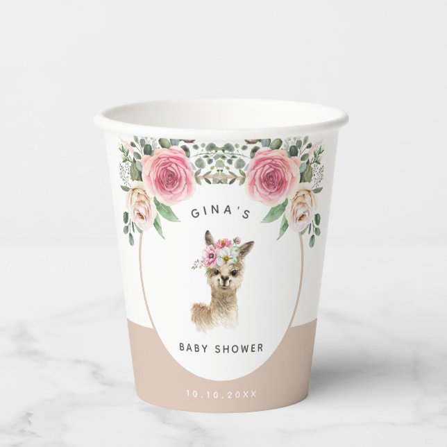 Gobelets En Papier Aquarelle Llama Sexe Baby shower neutre (Recto)