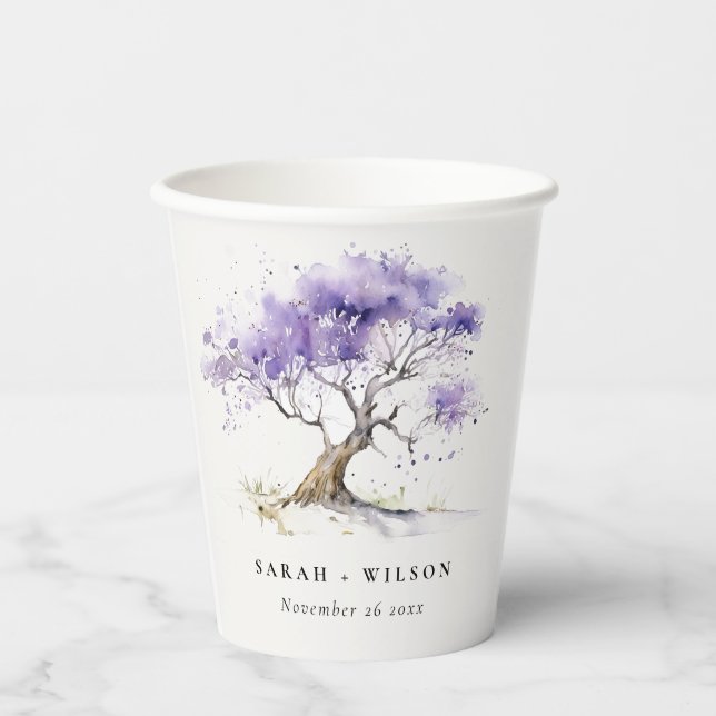 Gobelets En Papier Aquarelle minimale Lilac Jacaranda Mariage arbre (Recto)