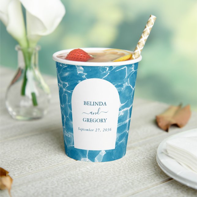 Gobelets En Papier Aquarelle moderne Blue Ocean Beach Mariage (Insitu)
