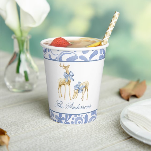 Gobelets En Papier Aquarelle Noël bleu Chinoiserie Bow Reindeer (Insitu)