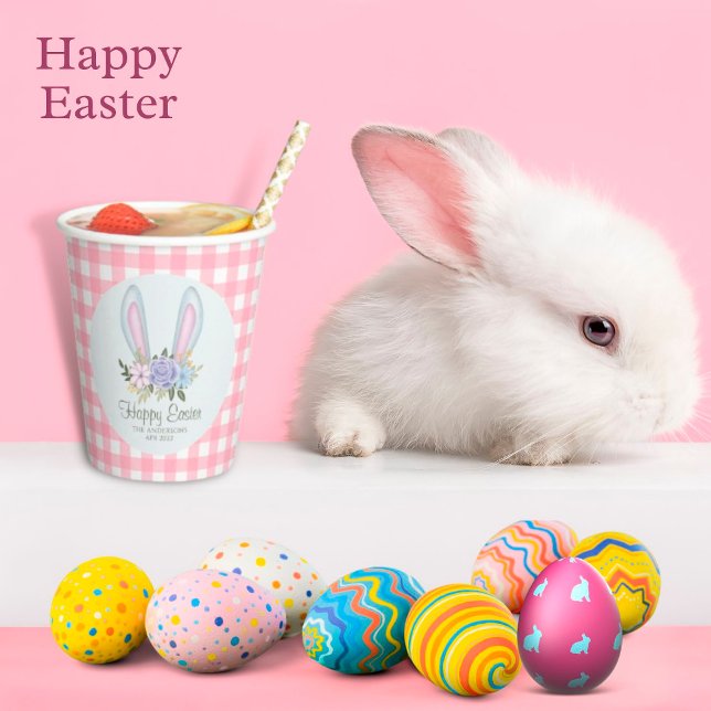 Gobelets En Papier Aquarelle Plaid Floral Bunny Modèle Pâques (Créateur téléchargé)