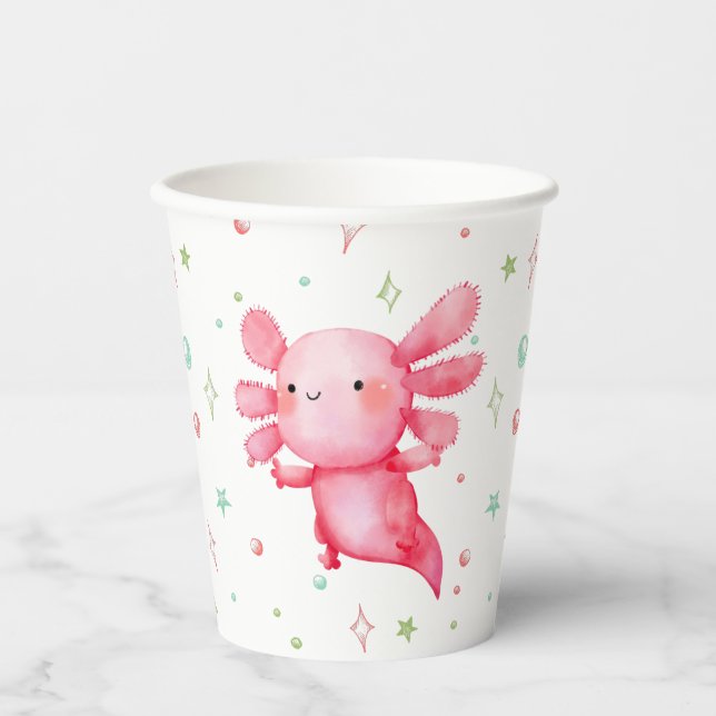 Gobelets En Papier Aquarelle rose Axolotl fête d'anniversaire (Recto)