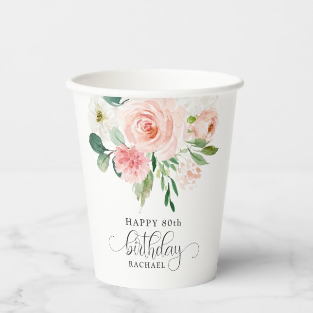 Gobelets En Papier Aquarelle rose pâle 80e anniversaire (Recto)