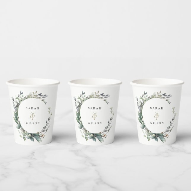 Gobelets En Papier Aquarelle rustique Mariage de serrure vert feuilla (Multi)