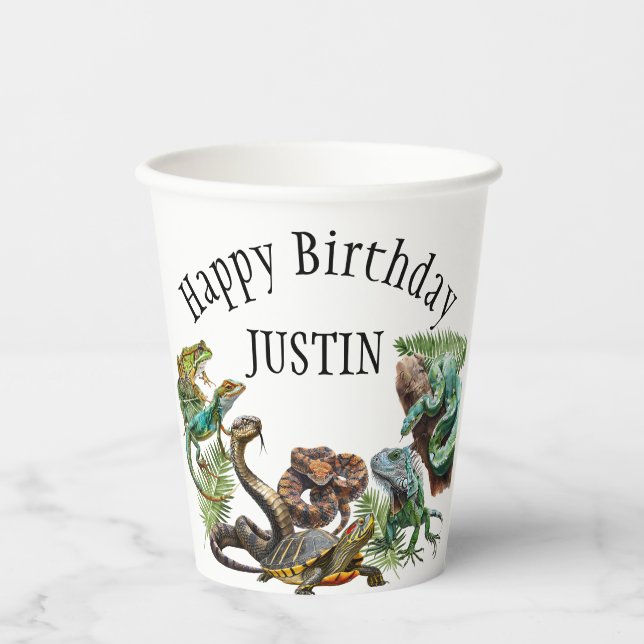 Gobelets En Papier Aquarelle Serpent Reptile d'anniversaire (Recto)