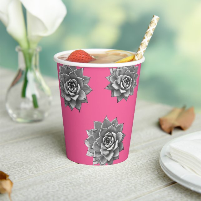 Gobelets En Papier Aquarelle Succulente Gris sur rose chaud (Insitu)