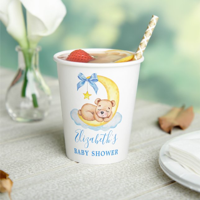 Gobelets En Papier Aquarelle Teddy Bear Lune Baby shower bleu (Insitu)