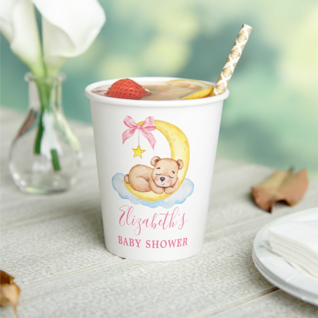 Gobelets En Papier Aquarelle Teddy Bear Lune Baby shower rose (Insitu)