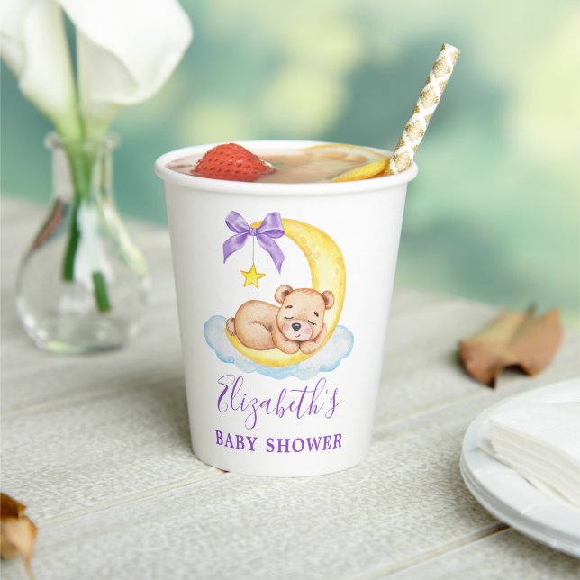 Gobelets En Papier Aquarelle Teddy Bear Lune Purple Baby shower (Insitu)