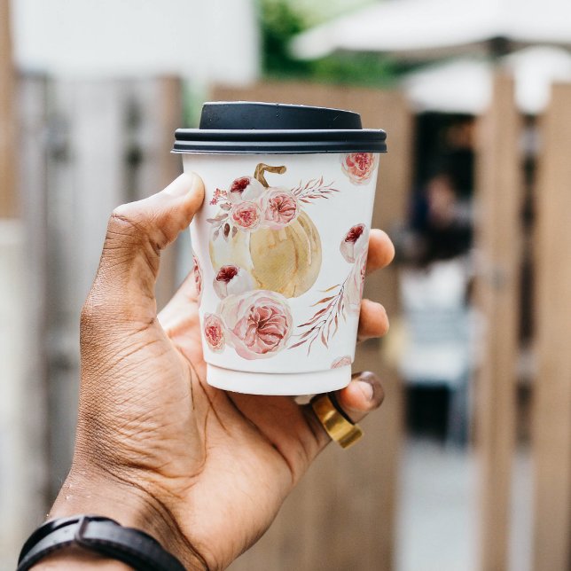 Gobelets En Papier Aquarelle tendance Citrouille et fleurs | Automne (Créateur téléchargé)