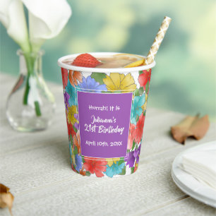 Gobelets En Papier Aquarelle violette moderne Floral 21e anniversaire