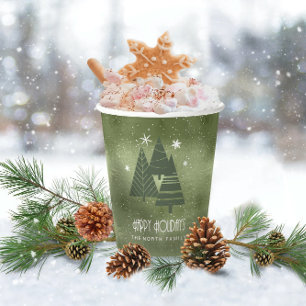 Gobelets En Papier Arbres de Noël et flocons de neige Green ID863