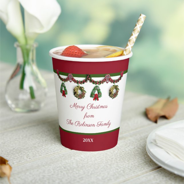 Gobelets En Papier Arbres de Noël Joyeuses fêtes Wreath Personnaliser (Insitu)