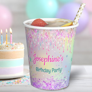 Gobelets En Papier Arc-en-ciel couleur rose aqua gouttes anniversaire