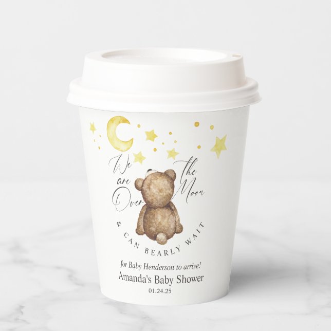 Gobelets En Papier Au-Dessus Du Baby shower Lune Teddy Bear (Recto)