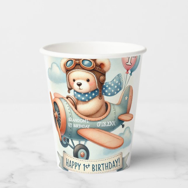Gobelets En Papier Avion Boy Bear 1ère fête d'anniversaire (Recto)