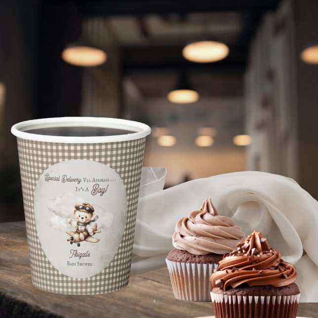 Gobelets En Papier Avion Teddy Bear Baby shower de livraison spécial (Cute "Special Delivery Via Airmail . . . It's A Boy!" Teddy Bear | Airplane Baby Shower Paper Cups)