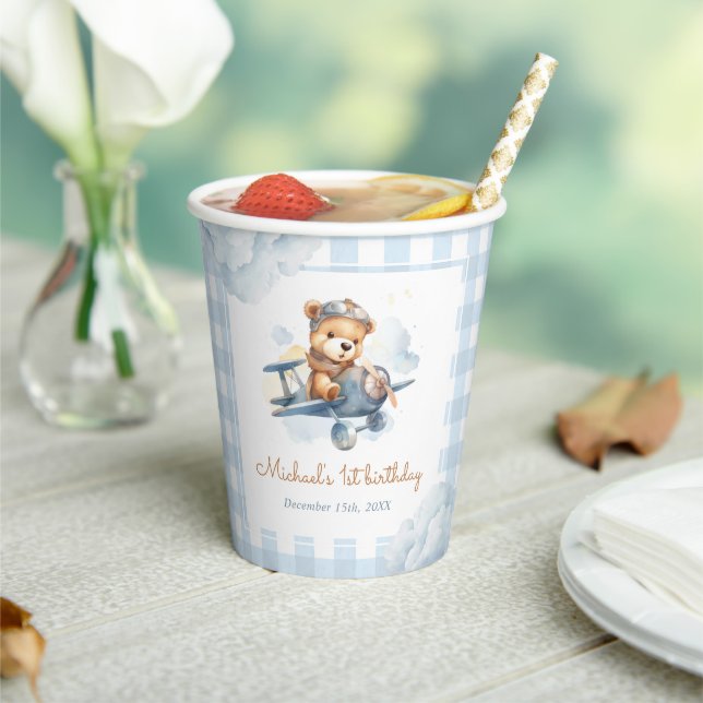 Gobelets En Papier Avion Teddy Bear Bleu 1er anniversaire (Insitu)