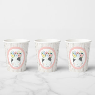 Gobelets En Papier Baby Cow Floral Crown Pastel Pink Farm Barn Party
