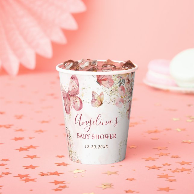 Gobelets En Papier Baby shower à papillon rose boho (Insitu)