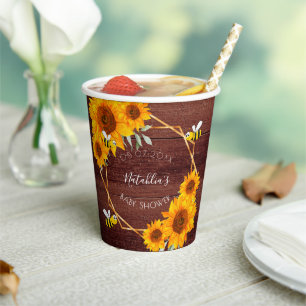 Gobelets En Papier Baby shower abeilles tournesols bois rustique brun
