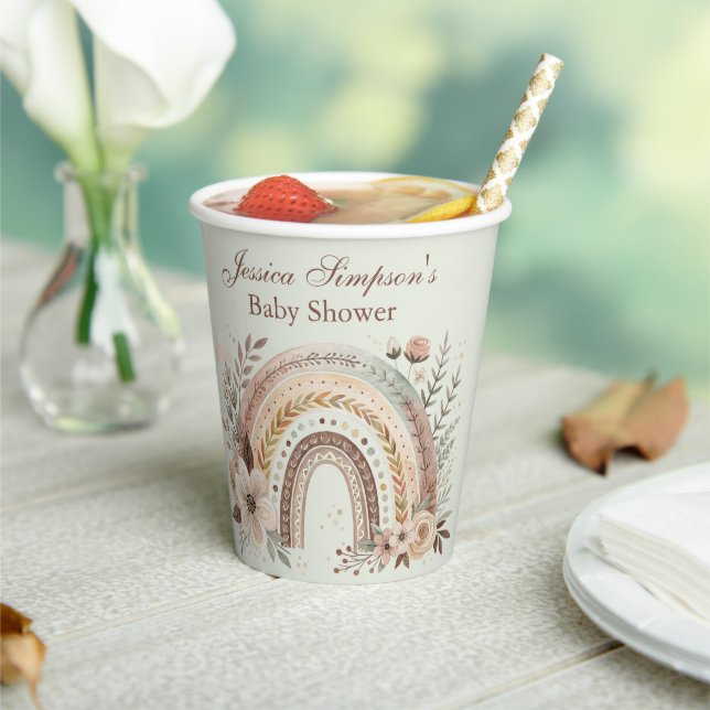 Gobelets En Papier Baby shower Arc-En-Ciel Et Fleurs Boho (Insitu)