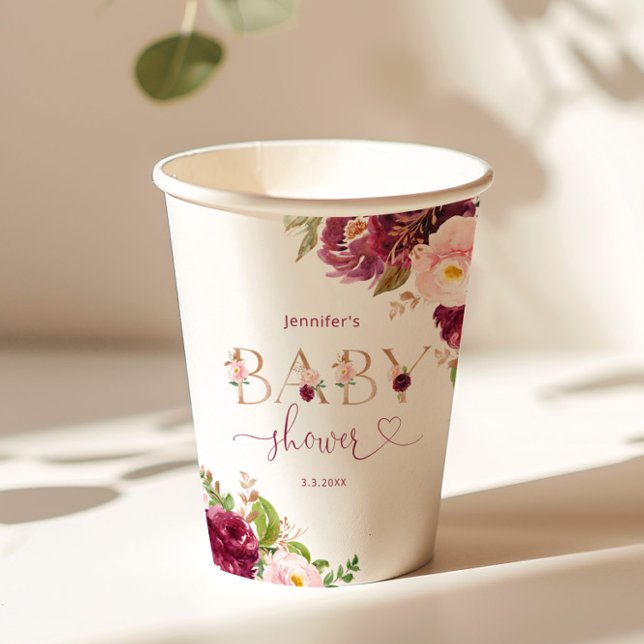 Gobelets En Papier Baby shower automnal burgundy floral (Créateur téléchargé)