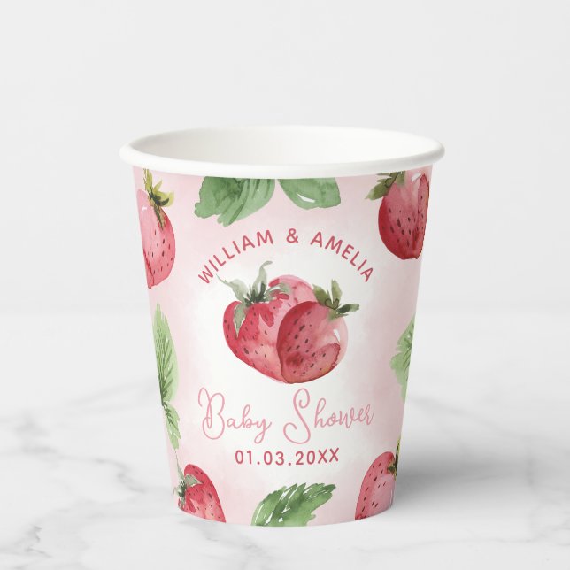 Gobelets En Papier Baby shower aux fraises roses (Recto)