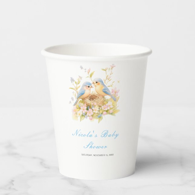 Gobelets En Papier Baby shower aux oiseaux de printemps (Recto)
