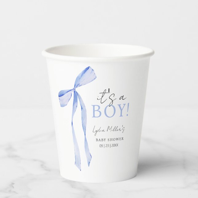 Gobelets En Papier Baby shower Bleu Bow Invitation, Baby shower garço (Recto)