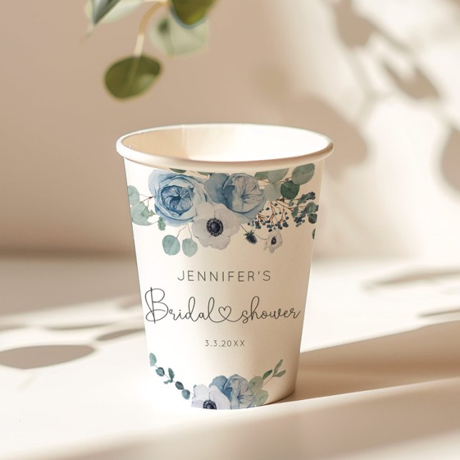 Gobelets En Papier Baby shower bleu poussiéreux eucalyptus floral (Créateur téléchargé)