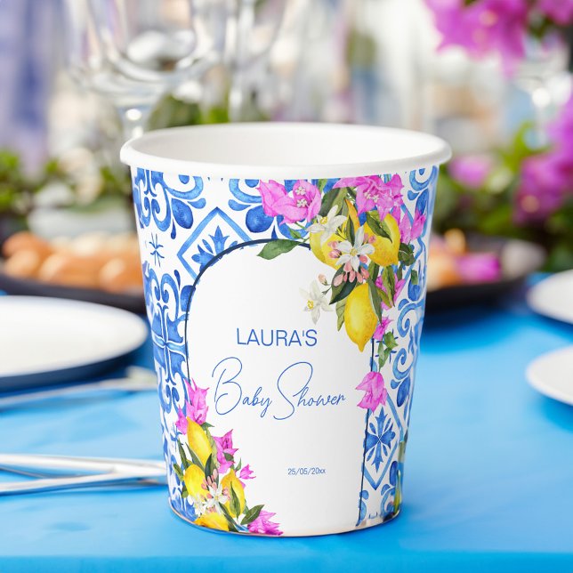 Gobelets En Papier Baby shower Carrelage bleu Citrons bougainvilliers (Baby Shower Blue Tiles Lemons bougainvillea Mediterranean themed template Paper Cups personalized )