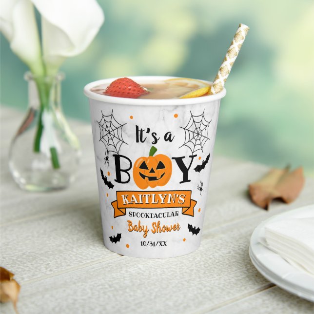 Gobelets En Papier baby shower Citrouille d'Halloween "C'est un garço (Insitu)