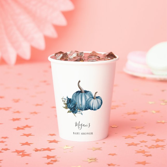 Gobelets En Papier Baby shower Citrouille Floral bleu (Insitu)
