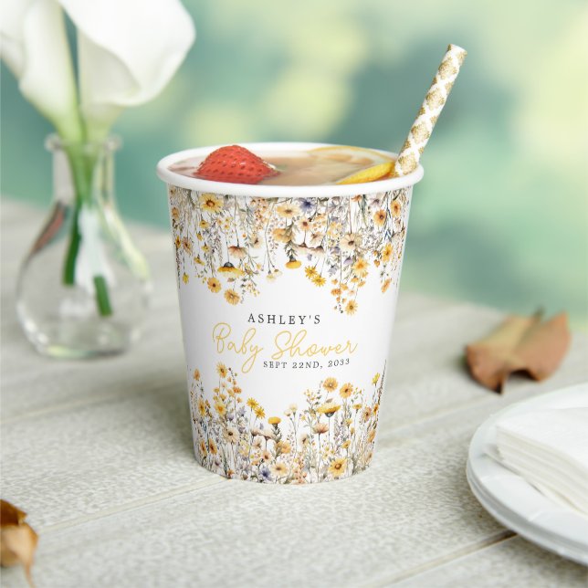 Gobelets En Papier Baby shower d'aquarelle Boho Fleur sauvage jaune (Insitu)