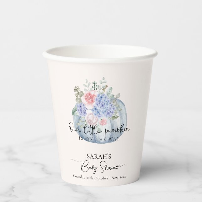 Gobelets En Papier Baby shower d'automne Citrouille Blue Hydrangea (Recto)
