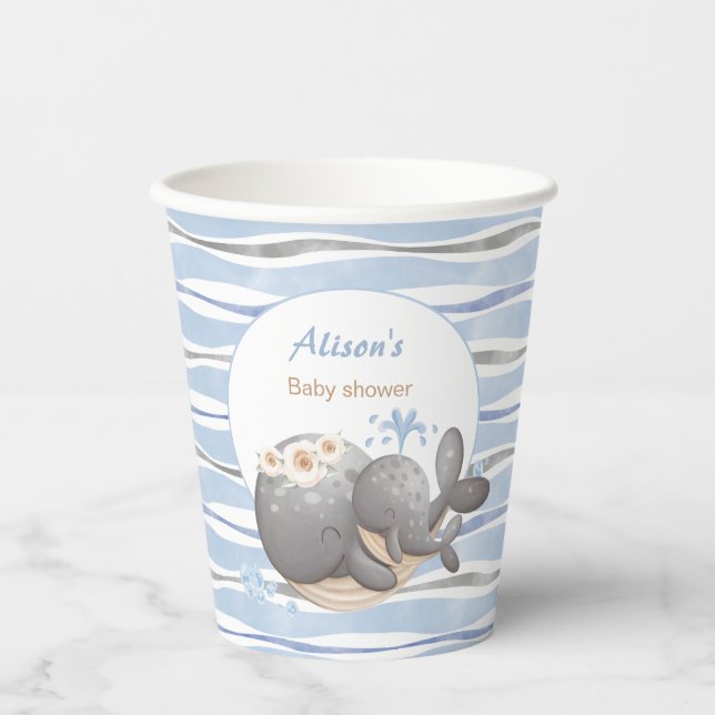 Gobelets En Papier Baby shower de baleines nautiques (Recto)
