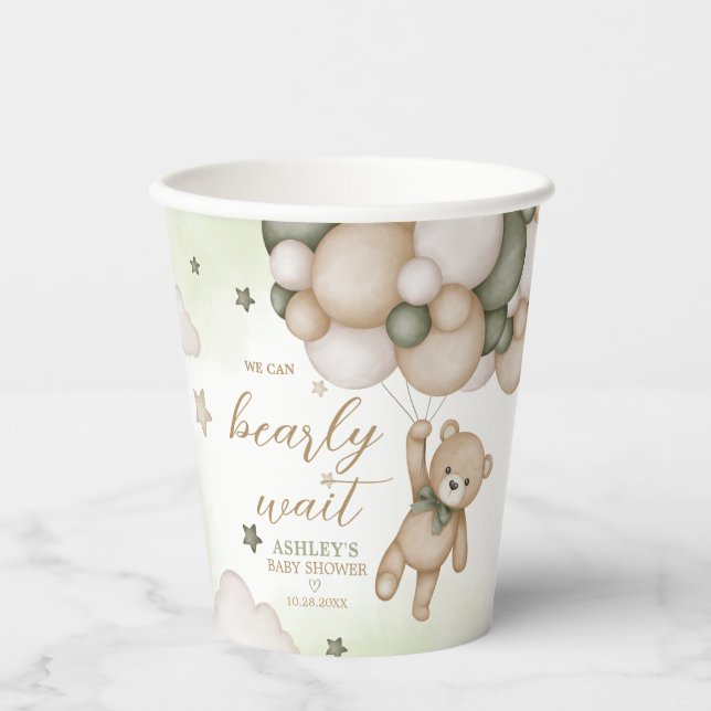 Gobelets En Papier Baby shower de ballon d'ours vert (Recto)