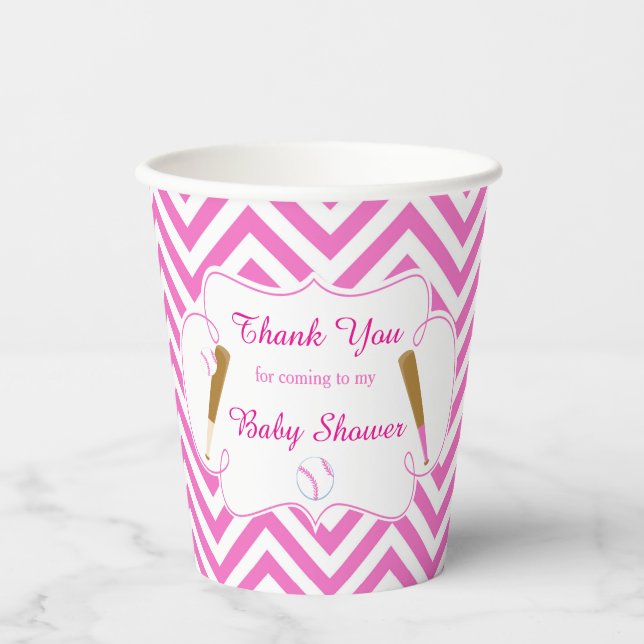 Gobelets En Papier Baby shower de baseball rose et blanc (Recto)