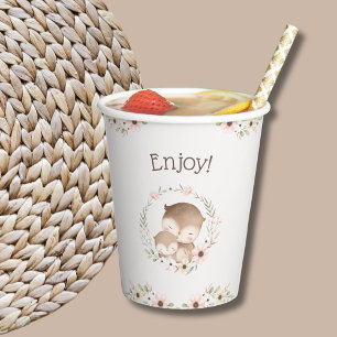 Gobelets En Papier Baby shower de Chouette des bois rose pâle